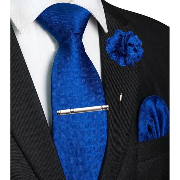 🆕Men Blue Plaid Checkered Necktie and Pocket with Tie Clip Lapel Pin Set Ties - Picture 2 of 4